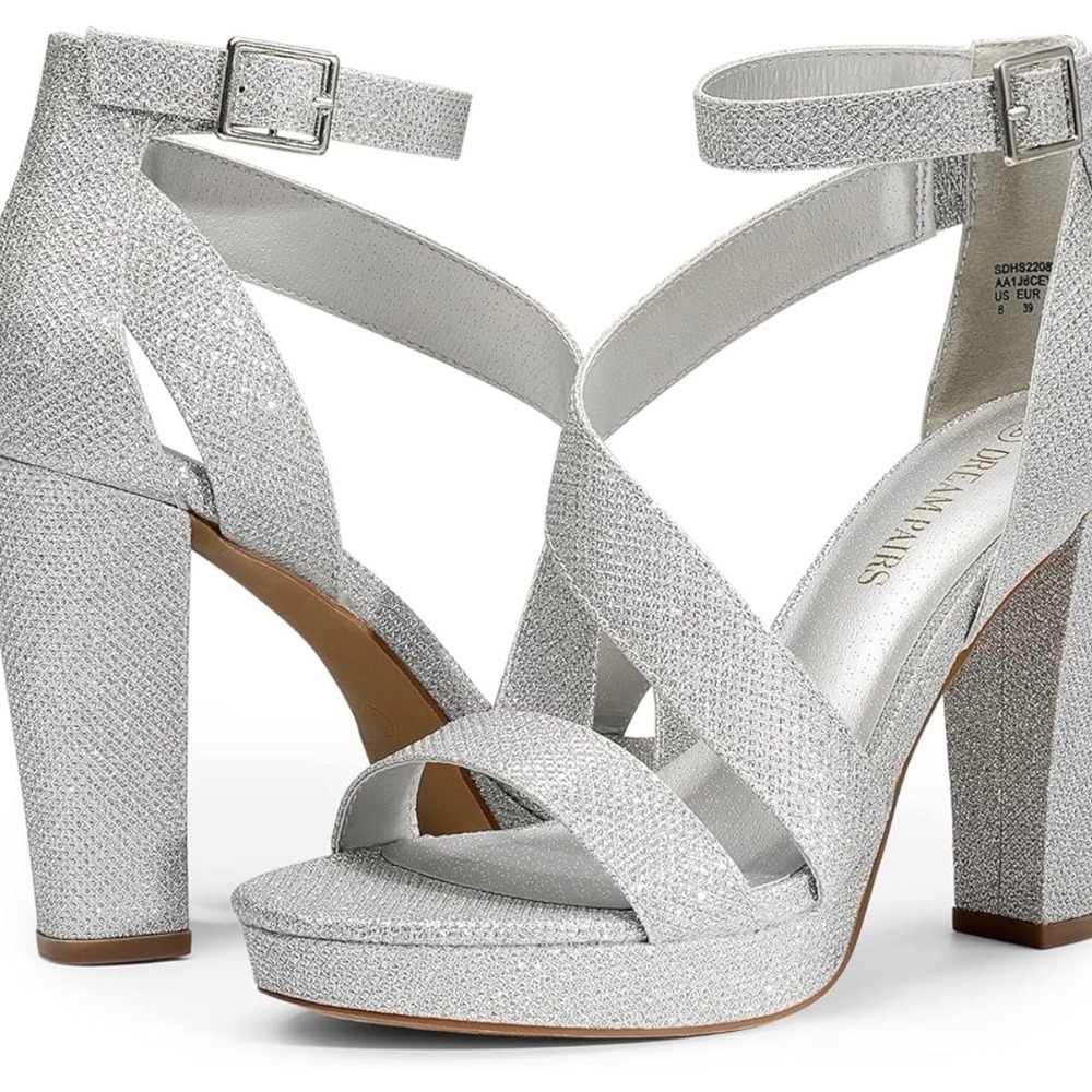 Dream Pairs Womens Silver Glitter Block‎ Heel Platform Sandals Chunky size 11